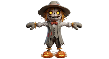 Eerie scarecrow stands with glowing pumpkins, a spooky, fantasy character with a sinister grin