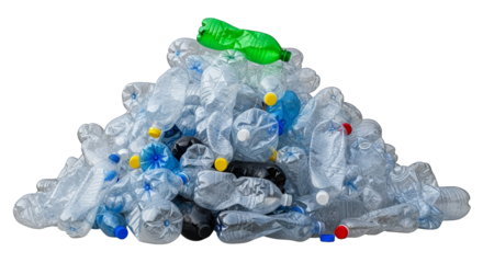 A pile of used plastic bottles demonstrates environmental pollution on a transparent background.