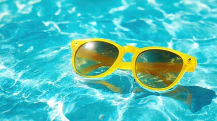 Yellow sunglasses sit atop the sparkling water in a swimming pool. The sunlight reflects off the clear blue surface creating a vibrant summer scene of relaxation and leisure.
