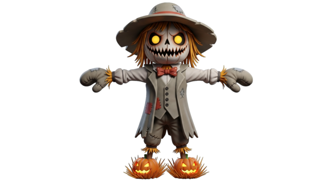 Eerie scarecrow stands with glowing pumpkins, a spooky, fantasy character with a sinister grin