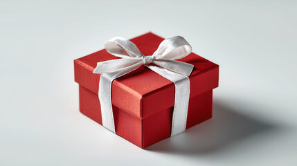 small red gift box with white ribbon bow is elegantly displayed on plain background, creating festive and inviting atmosphere