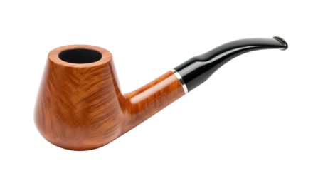 Elegant smoking pipe with a polished wood grain bowl and glossy black stem against transparency.