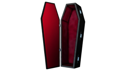 An opened coffin reveals a vibrant red interior, juxtaposing morbidity with unexpected elegance.