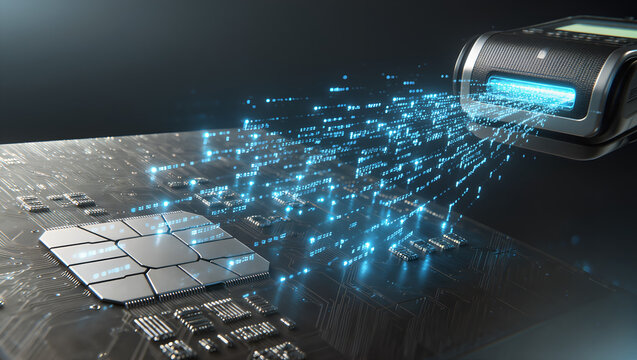 Circuit board with glowing blue light particles illustrates exciting, fast data flow, symbolizing global digital connection, innovation, and technological advancement. This conveys dynamic sense
