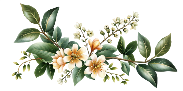 Peach and white flowers with green leaves isolated on a transparent background floral