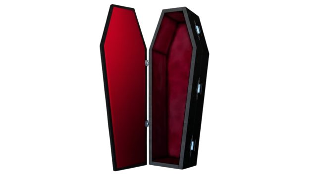 An opened coffin reveals a vibrant red interior, juxtaposing morbidity with unexpected elegance.