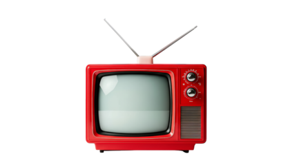 Vibrant red vintage television with rabbit ear antennas and analogue controls, evokes nostalgia.