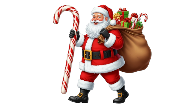 Cheerful Santa Claus strides forward, holding a candy cane and a sack full of gifts