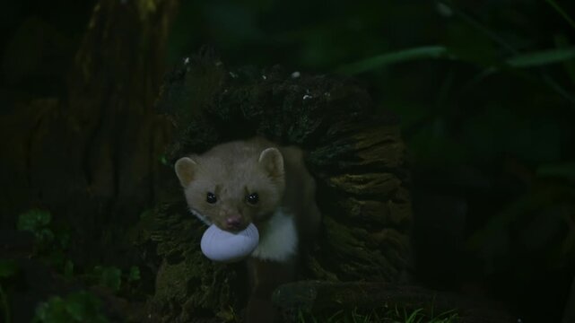 A beech marten sniffing moss on a fallen log at night in the forest of Drenthe