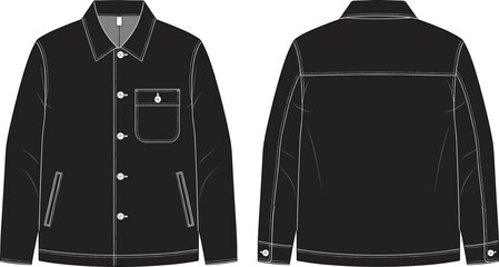 Technical fashion flat sketch template of men's trucker jacket with pointed collar, chest pocket, welt pockets, and button closure, vector