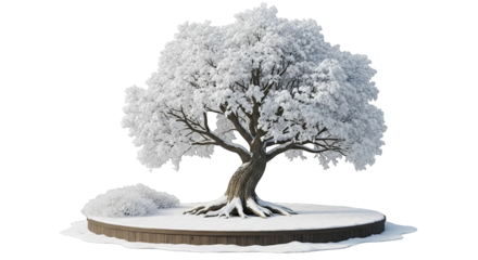 Majestic tree covered in thick, white snow stands peacefully on a wooden platform with a bush nearby