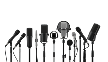Collection of varied microphone types, each set on stands, evoking a studio or performance setting.