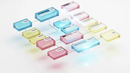 Abstract 3D diagram with interconnected translucent colored blocks representing data flow or system architecture. - Powered by Adobe