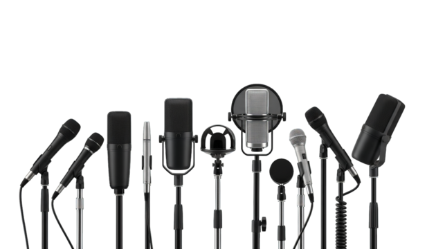 Collection of varied microphone types, each set on stands, evoking a studio or performance setting.