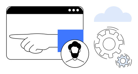 Hand pointing on browser window, user profile icon, gears, and a cloud element. Ideal for teamwork, automation, digital processes, user interface design, cloud computing project management simple