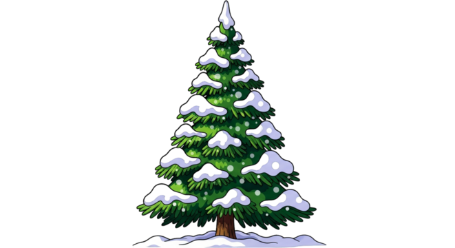 A stylized Christmas tree with snow rests against a transparent background, festive and inviting.