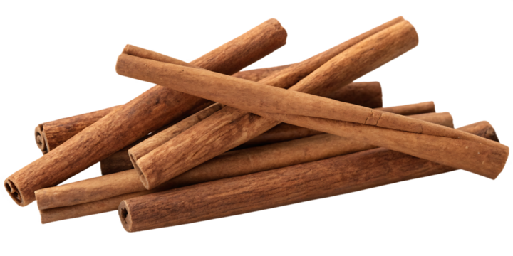 Pile of brown cinnamon sticks isolated on a transparent background spice bark