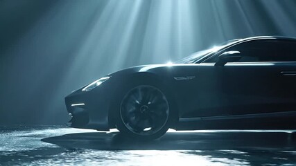 Modern high-end car illuminated by striking rays of light, emphasizing its sleek profile and luxurious appeal in a captivating, dark ambiance