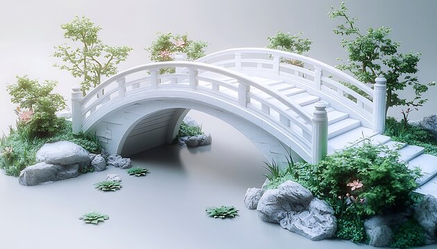 White arched bridge over calm water with lush green foliage and rocks white bridge garden bridge - Powered by Adobe