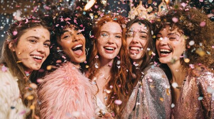 A group of women are celebrating and throwing confetti. They are all smiling and happy. Scene is joyful and festive