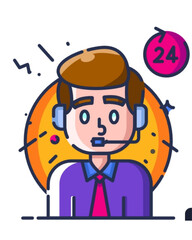 Customer Support Agent Providing 24/7 Assistance with Headset in Modern Office Environment, Digital Illustration from Front View Emphasizing Communication Concept