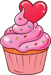 A delightful pink cupcake illustration topped with a vibrant red heart design