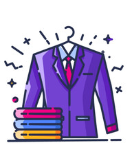 Stack of folded colorful shirts next to a purple business suit jacket with a red tie in a clean graphic illustration style