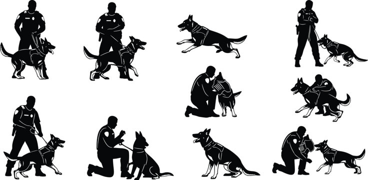 Police K-9 Dog and Officer Training Silhouettes: Showing Partnership, Loyalty, Service, Patrol, Protection, and Law Enforcement Teamwork Vector Icons Set.