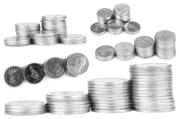 Silver coins on a white background