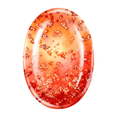 Vivid Watercolor Illustration of a Teardrop Red Opal with Sparkling Details on White Background