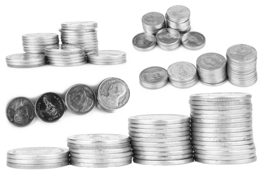 Silver coins on a white background