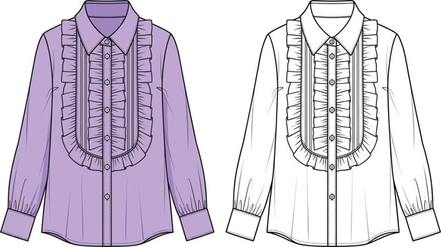 Technical fashion flat sketch template of women's button-up shirt with front ruffle bib detail, button placket, and collar, vector