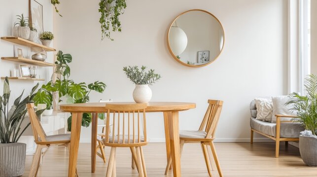 A large round dining table with wooden chairs and a vase of flowers in the center. The room is decorated with potted plants and a mirror on the wall. The atmosphere is warm and inviting