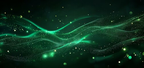 A dynamic digital wave of glowing green particles and lines forms a flowing, futuristic abstract pattern on a dark background.