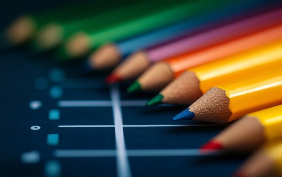 Close-up of sharpened colored pencils arranged diagonally on a dark surface with a grid pattern, showcasing vibrant hues and fine details.