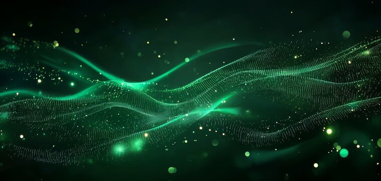 A dynamic digital wave of glowing green particles and lines forms a flowing, futuristic abstract pattern on a dark background.