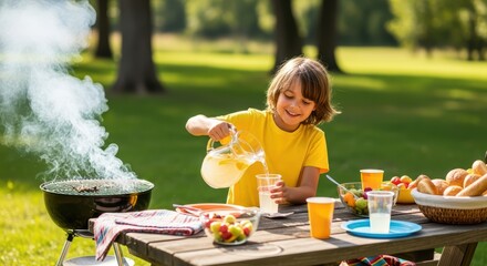 Young caucasian boy enjoying outdoor picnic and grilling in park