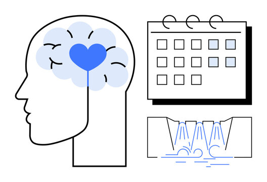 Human head with brain and heart symbol, calendar for organization, and flowing water for balance. Ideal for mental health, mindfulness, time management, emotional well-being, self-care, productivity