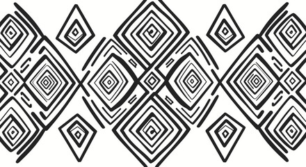 Black and white abstract geometric pattern featuring diamond and square shapes with spiral designs.