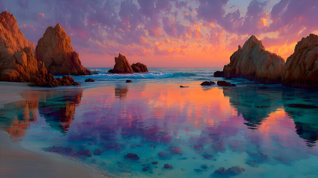 Colorful Ocean Sunset with Rock Formations and Calm Turquoise Water