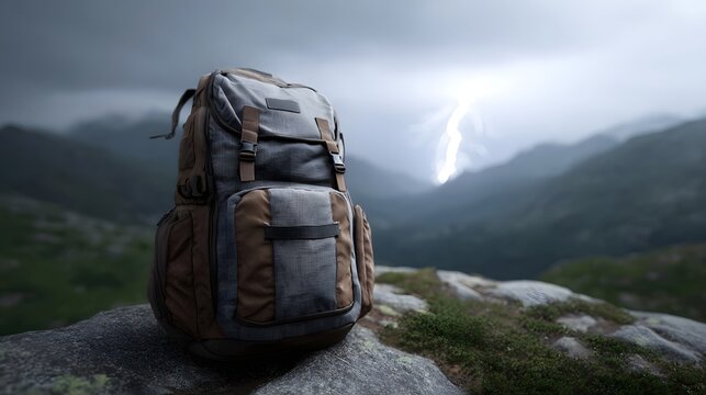 A backpack rests on a rocky mountain ledge under a dramatic stormy sky with lightning in the distance