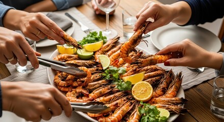 Group enjoying grilled shrimp dish with fresh citrus and herbs around table