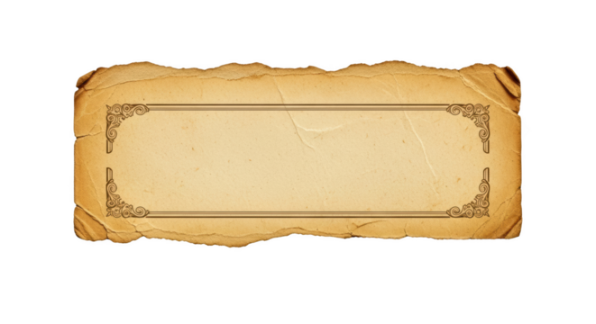 Aged parchment paper with ornate border and torn edges isolated on a transparent background vintage 1 - Powered by Adobe