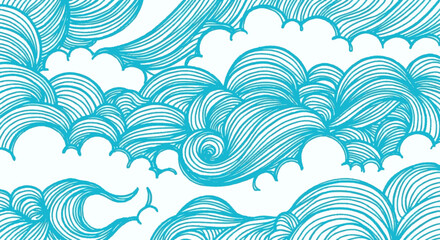 Abstract illustration featuring swirling blue lines resembling stylized clouds and waves against white.