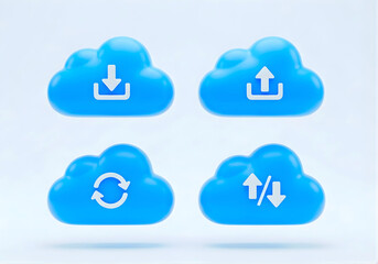 Cloud download, upload, sync, update, 3d icon isolated png set. Up and Down Arrow, data sync, file backup, online cloud storage