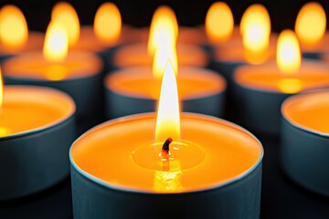 Lit tealight candles creating a peaceful atmosphere. Warm candlelight illuminates a dark background, symbolizing hope, remembrance, and meditation