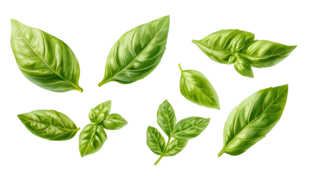Fresh basil leaves displayed in vibrant green clusters showing aromatic herb texture and natural culinary freshness isolated on white background