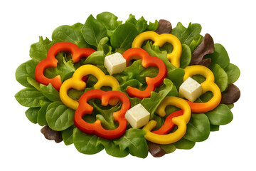Fresh salad with colorful bell peppers and feta cheese cubes, promoting healthy eating and balanced nutrition on transparent background