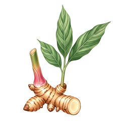 Watercolor Painting of Fresh Galangal Root Isolated on White Background, Botanical Illustration, High-Quality Art