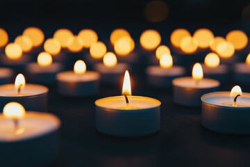 Candles burning in a dark setting, providing a soft warm light and creating a bokeh background. Concept of memory and hope